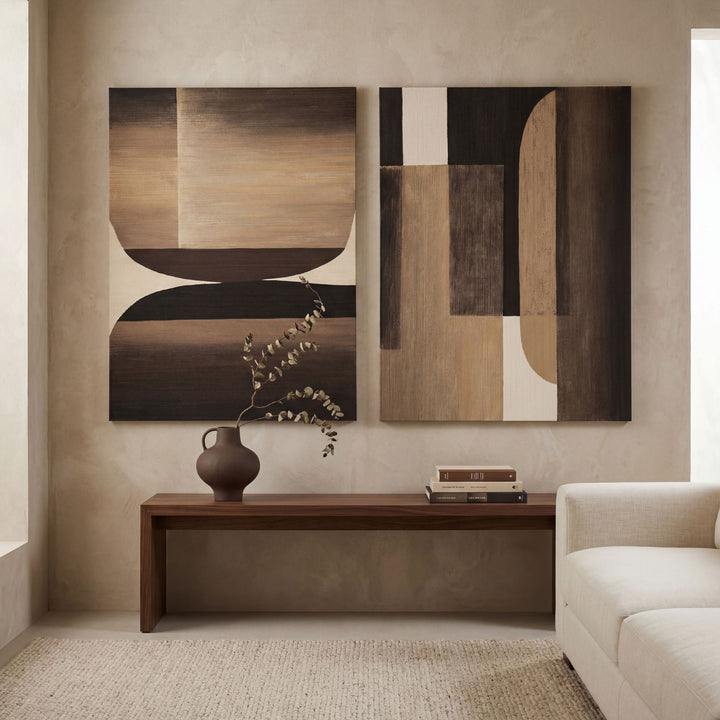 Styled interior setting featuring the Umber Arch artwork displayed above a wooden console.
