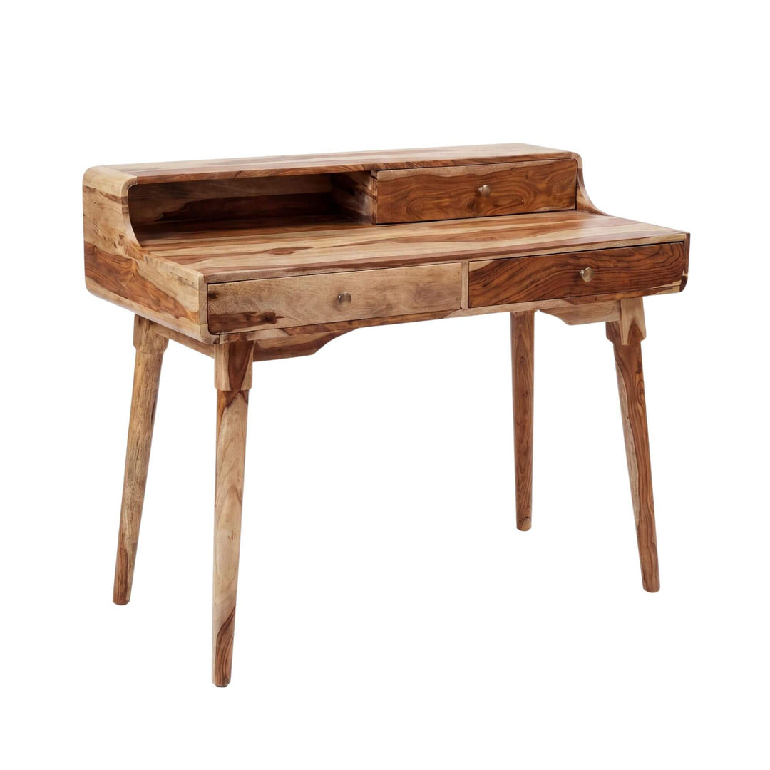 Front view of the Sheesham Safari desk showing its solid wood structure, drawers, and upper open shelf.