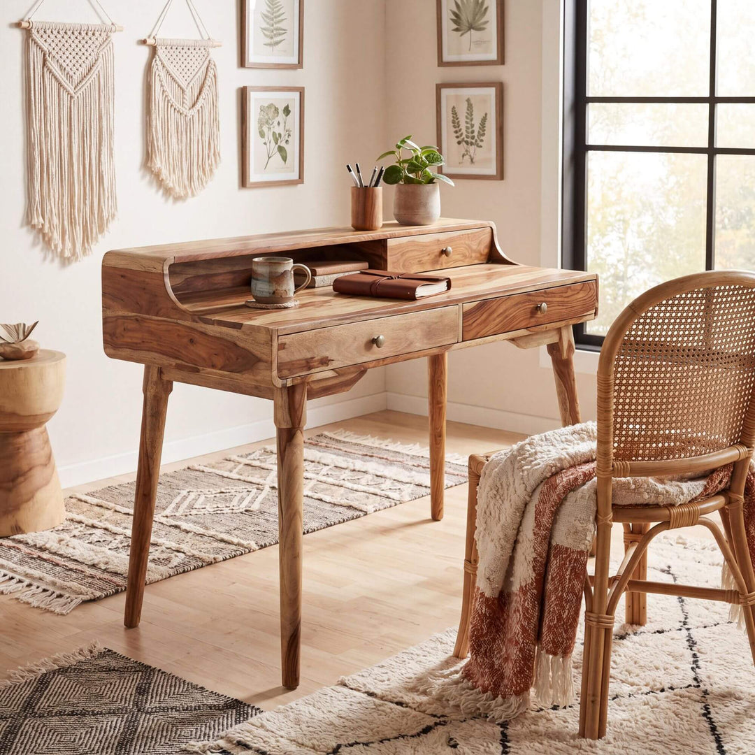Styled interior setting featuring the Sheesham Safari desk in a warm natural workspace.