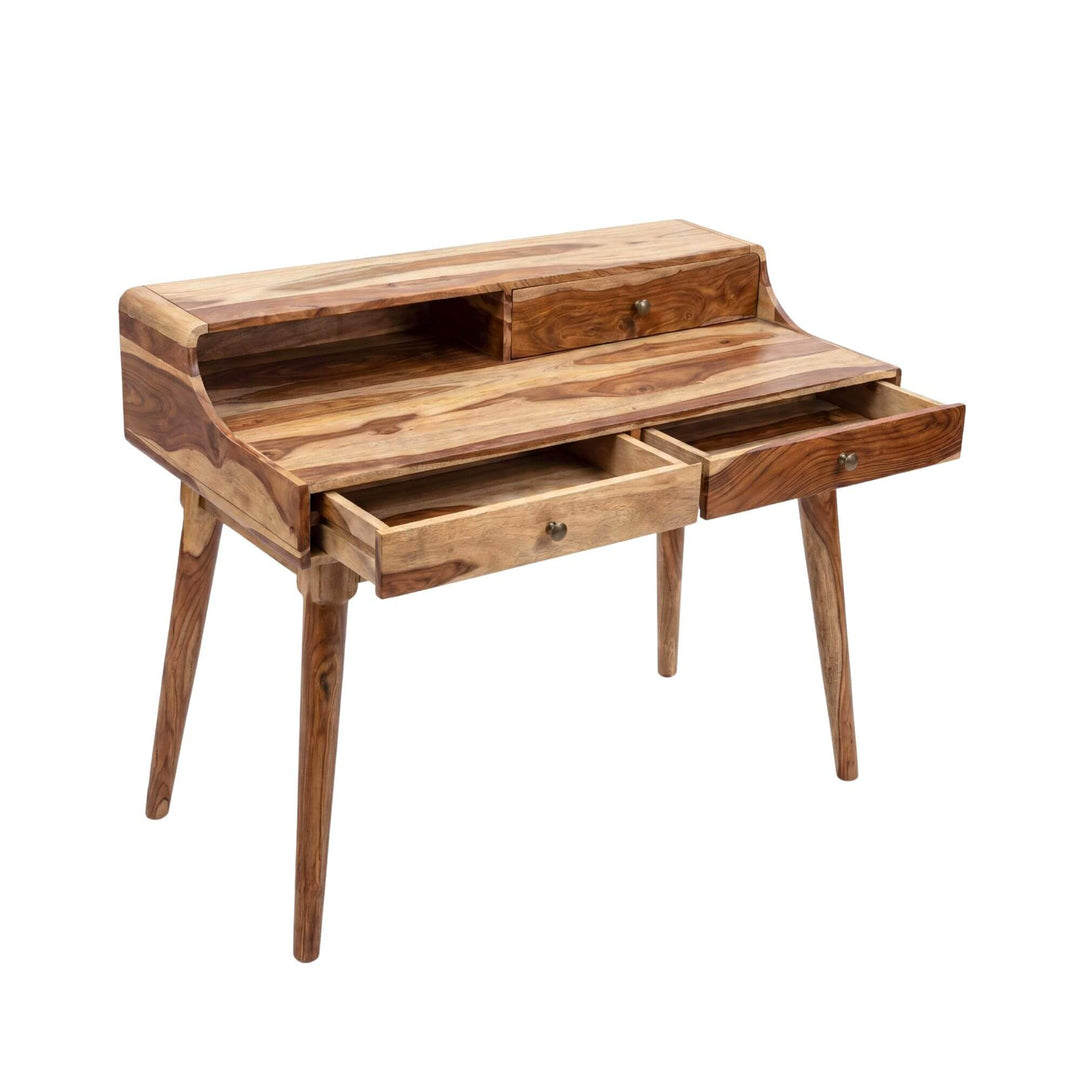 Angled view of the desk highlighting its tapered legs, practical storage, and handcrafted wood finish.