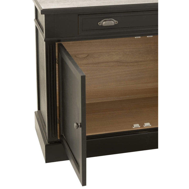 Open cabinet doors showing storage space