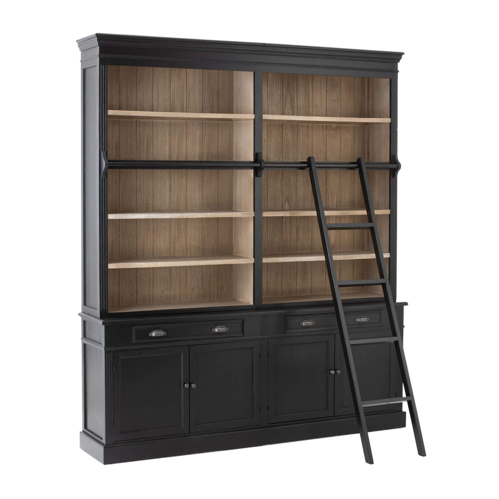 Angled view of tall black bookcase showing natural wood interior