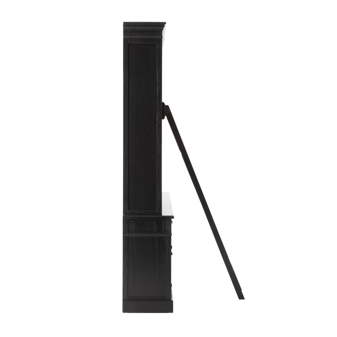 Side profile of black wooden shelving unit