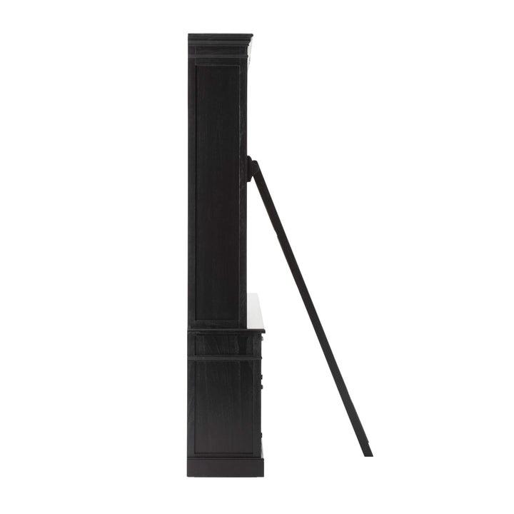Side profile of black wooden shelving unit