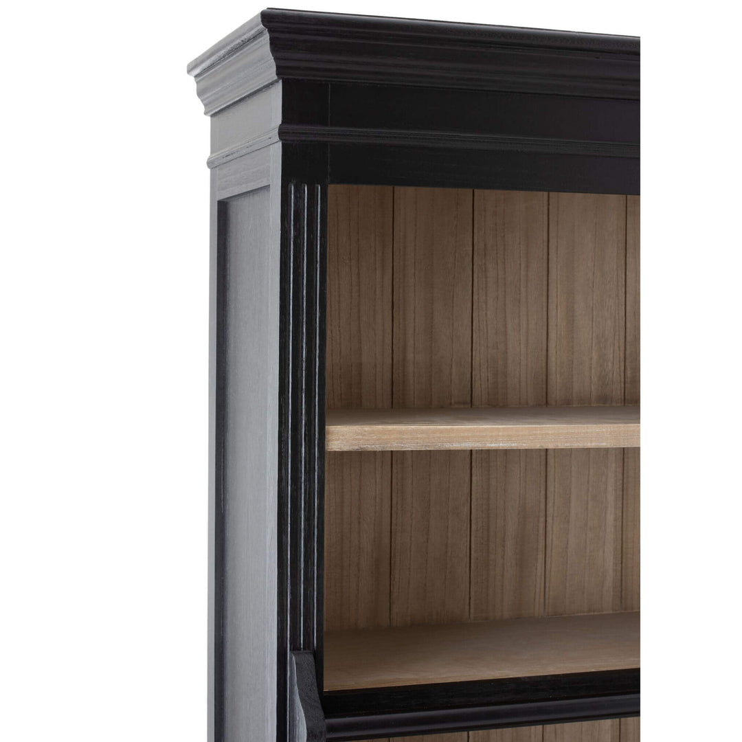 Detail of shelf and back panel in warm natural wood