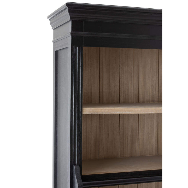 Detail of shelf and back panel in warm natural wood