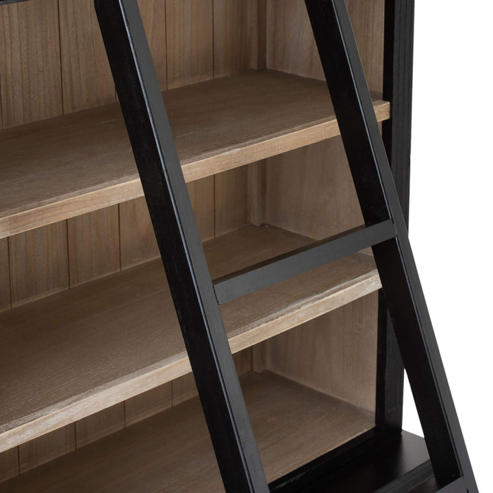 Detail of shelf and back panel in warm natural wood