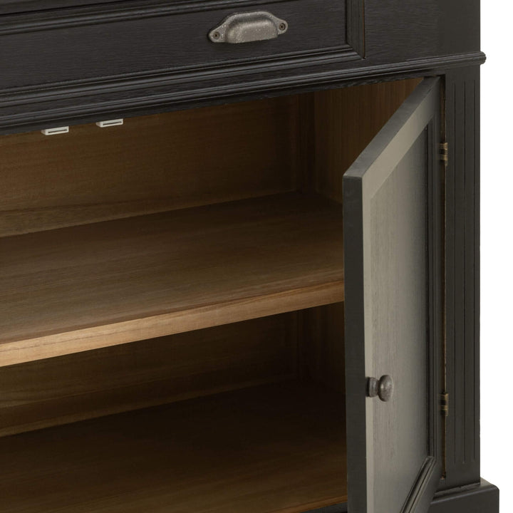 Open cabinet doors showing storage space