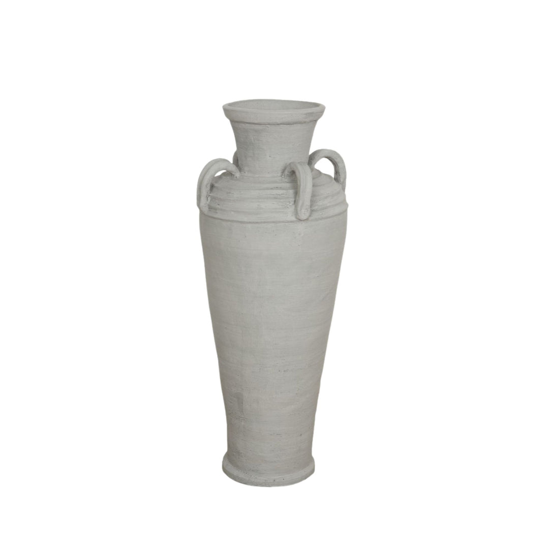 Front view of the Siarga grey terracotta vase with amphora shape and side handles.