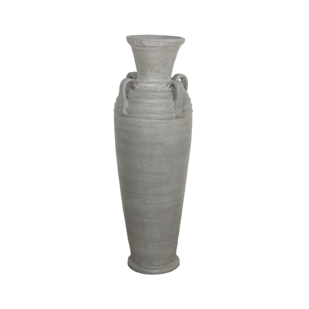 Front view of the Siarga grey terracotta vase with amphora shape and side handles.