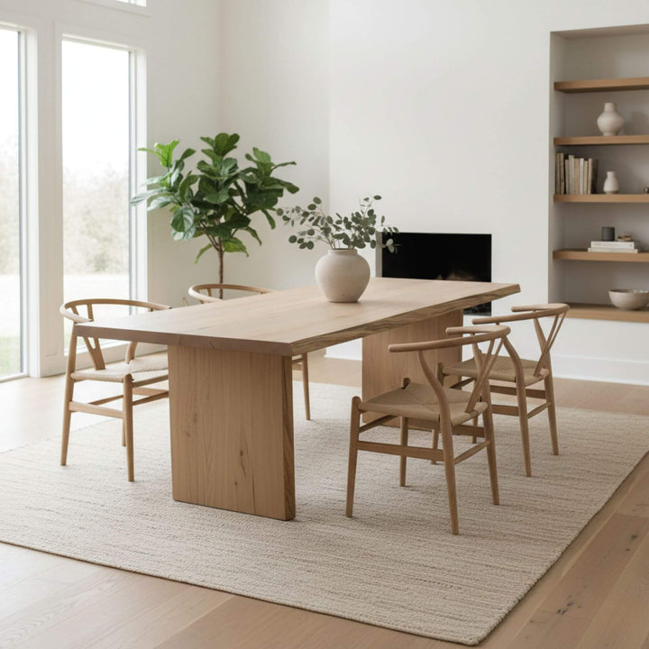 Interior setting featuring the Sicamoro Wood Dining Table in a dining room.