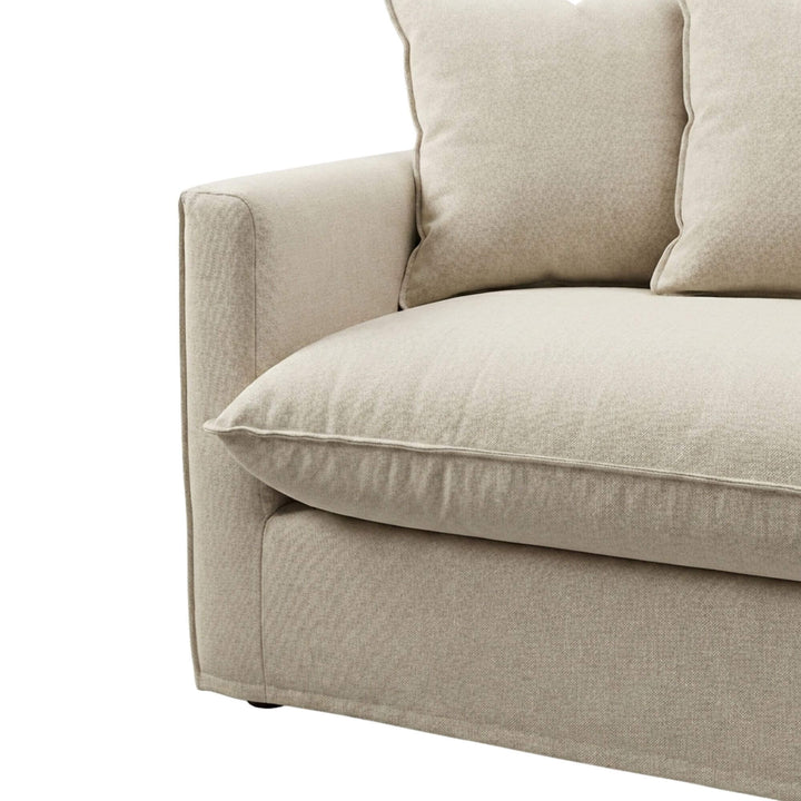 Close-up of the seat cushion highlighting the viscose and linen fabric texture.