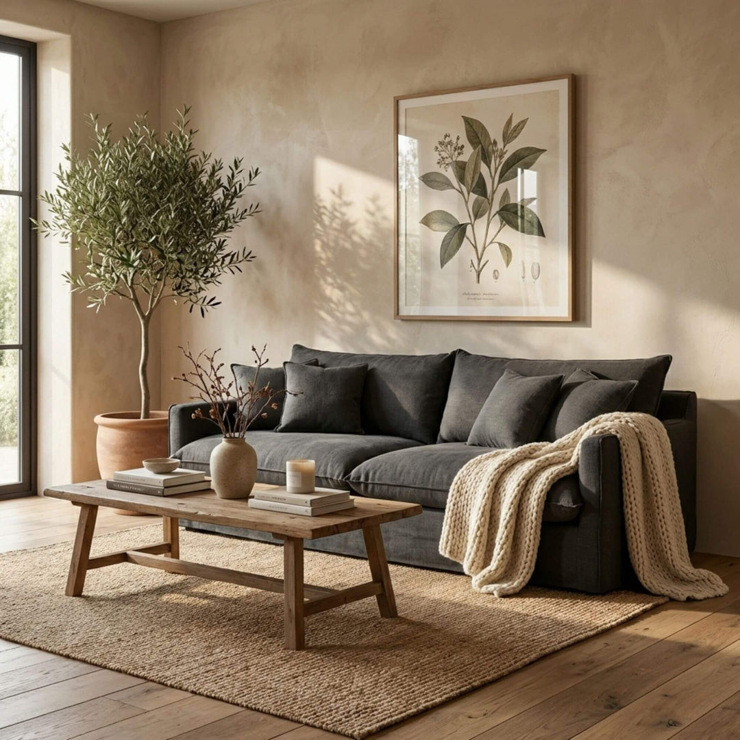 Styled interior setting featuring the Sicilia sofa as a warm centerpiece in a living room.
