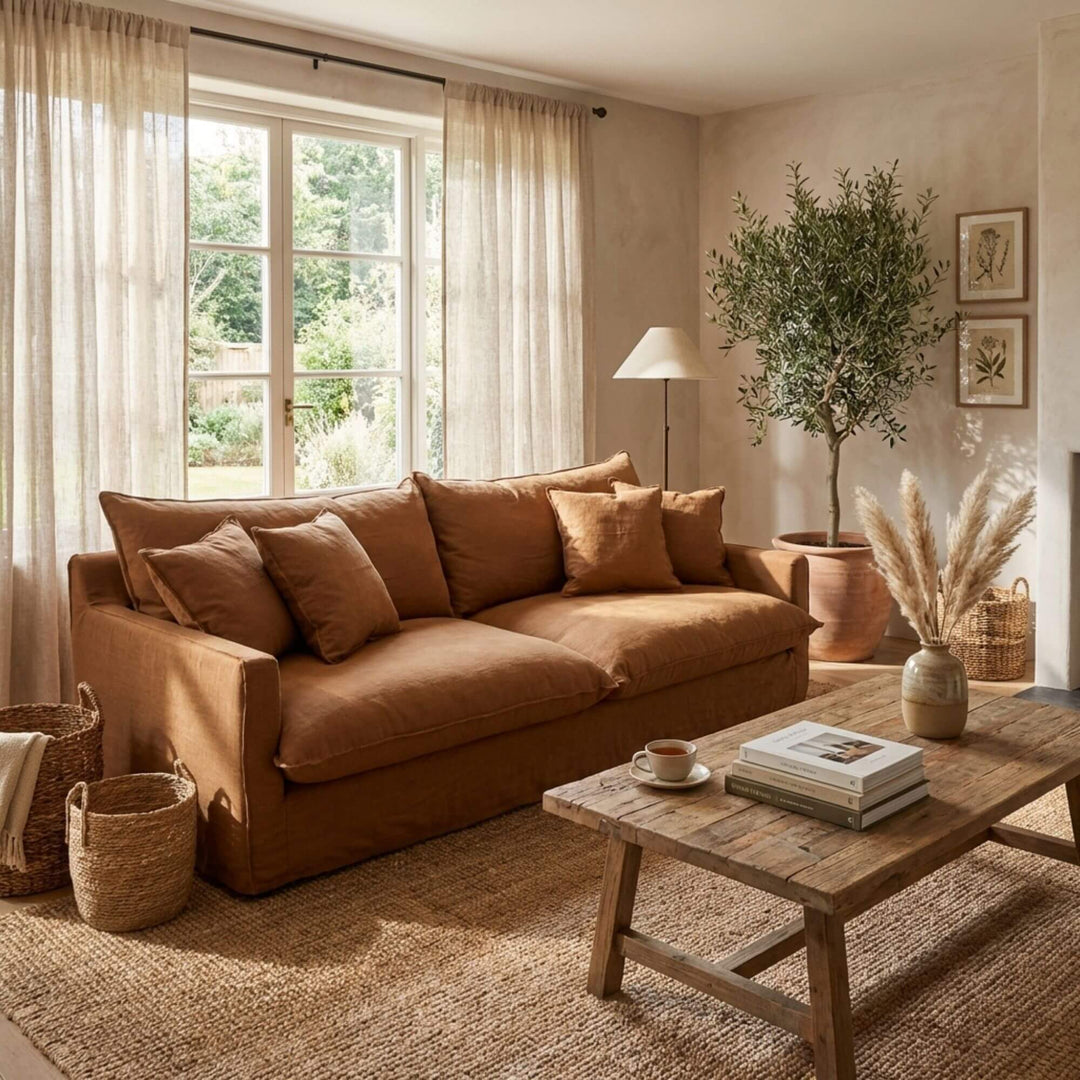 Styled interior setting featuring the Sicilia sofa as a warm centerpiece in a living room.