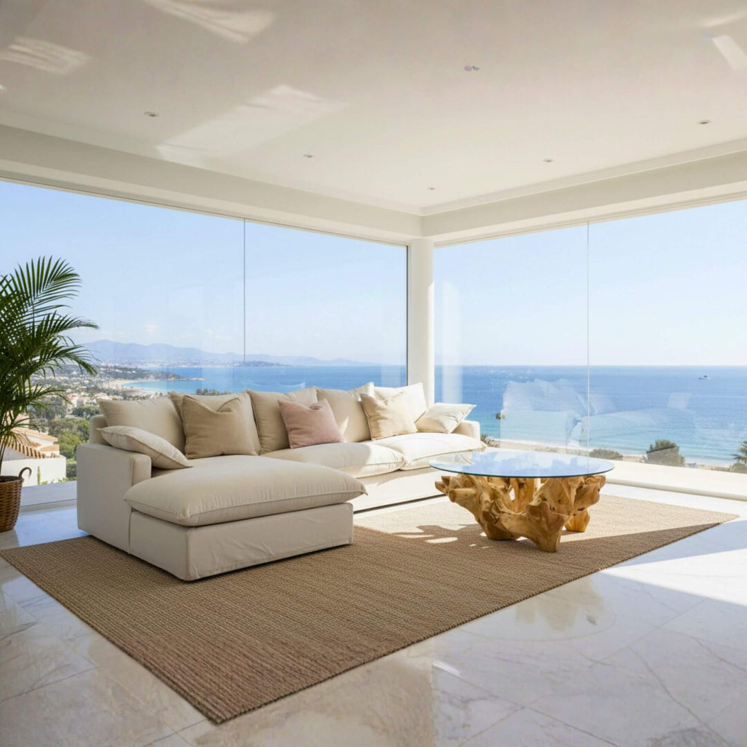 Beige modular sofa in a seaside living room with natural wood coffee table