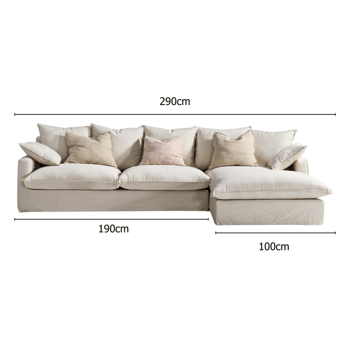 Beige modular sofa with back cushions and size dimensions