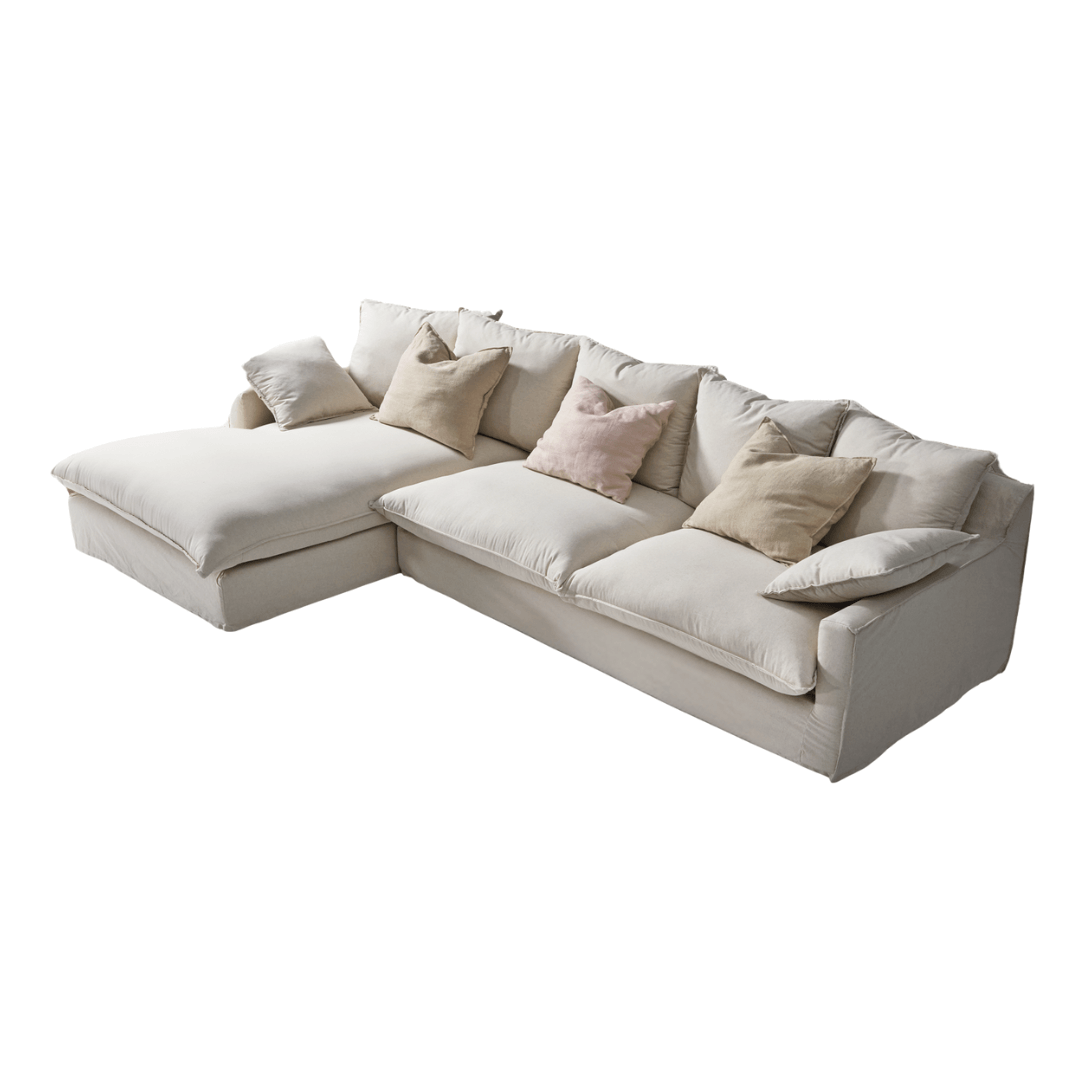 Beige linen corner sofa with matching cushions