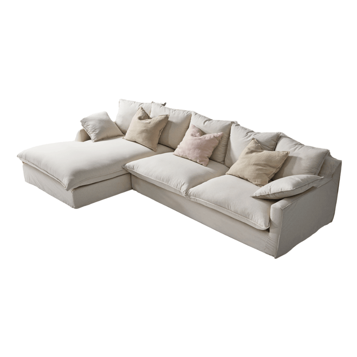 Beige linen corner sofa with matching cushions