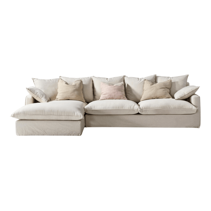 Three-seater beige linen sofa with large cushions