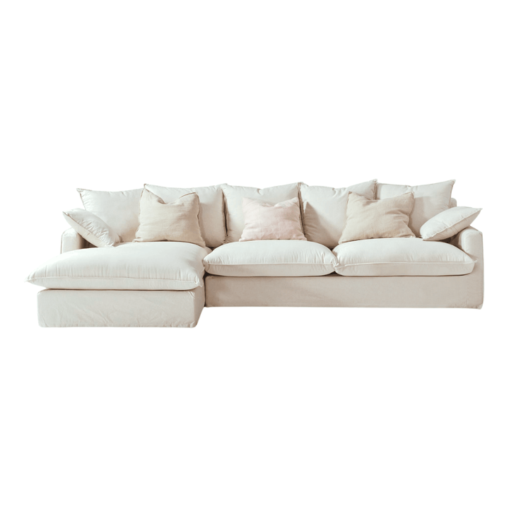 Four-seater linen sofa in beige with soft cushions