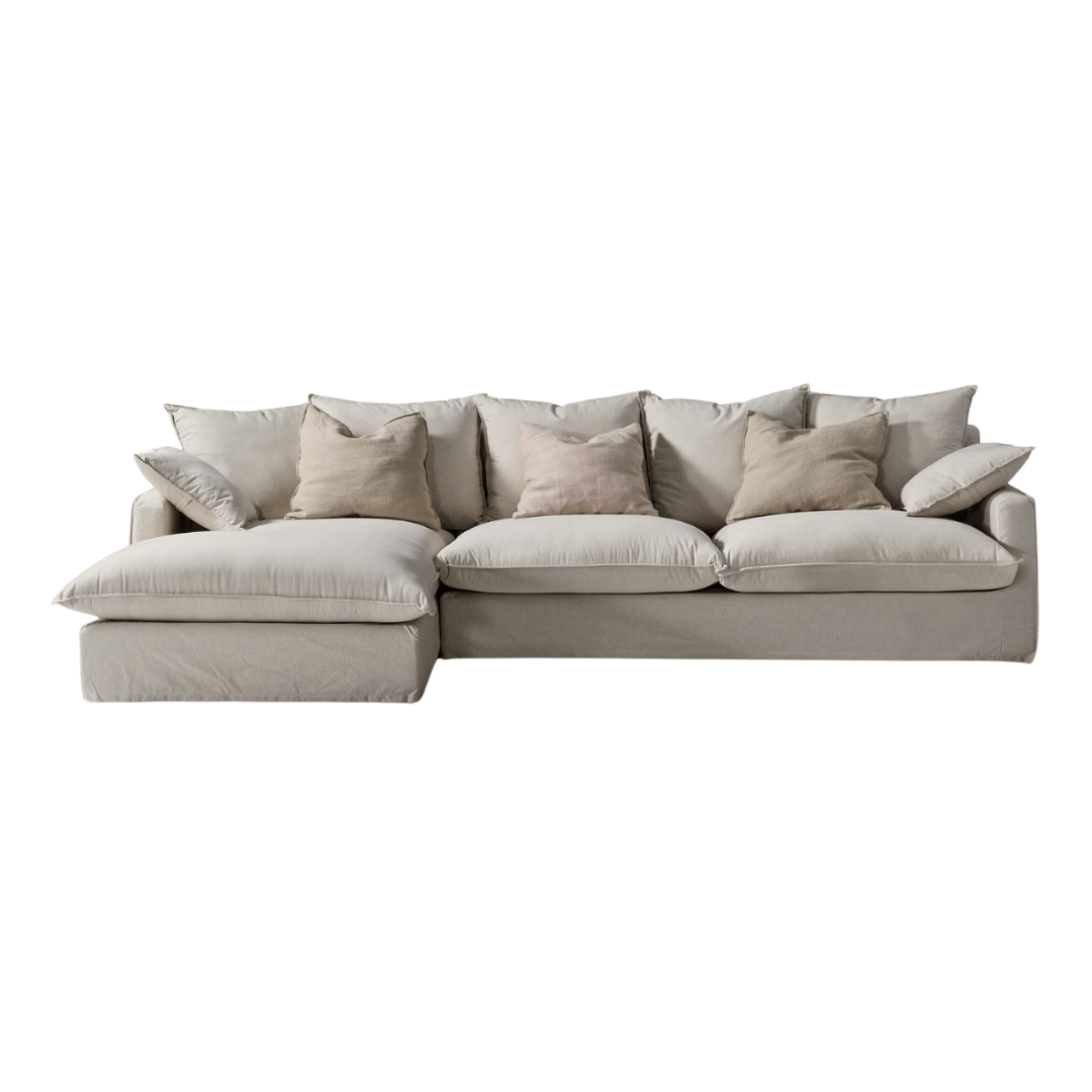 Minimalist beige sofa with low base and neutral design