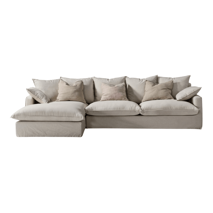 Minimalist beige sofa with low base and neutral design