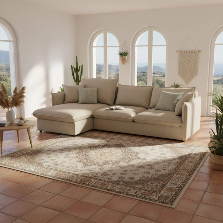 Sicilia Chaise Longue Sofa Bed in natural fabric with extended layout.