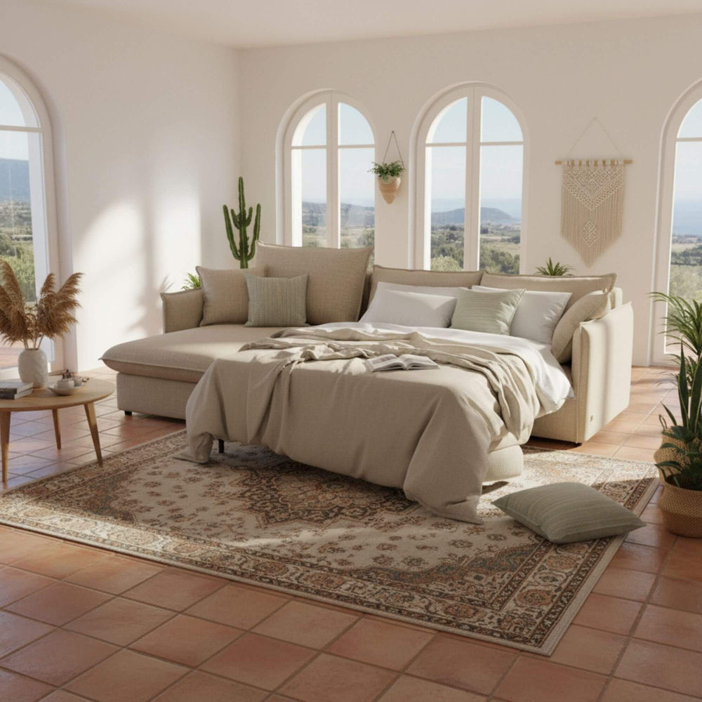 Sicilia sofa bed showing chaise longue and Italian opening system.