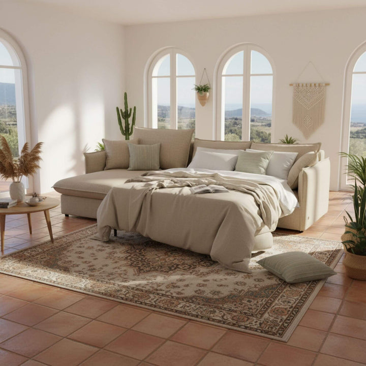 Sicilia sofa bed showing chaise longue and Italian opening system.