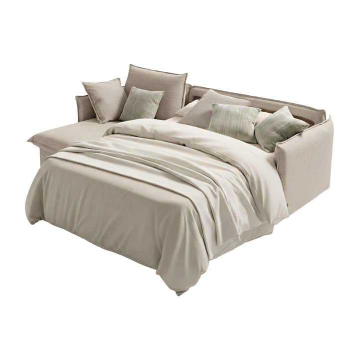 Sicilia Chaise Longue Sofa Bed in natural fabric with extended layout.
