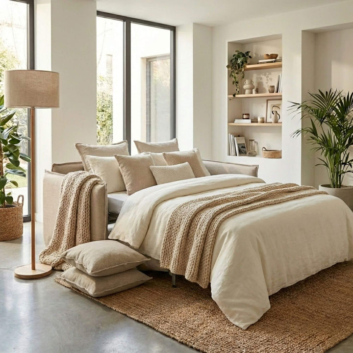 Sicilia sofa bed styled in a bright living room, shown in sofa position with neutral upholstery.