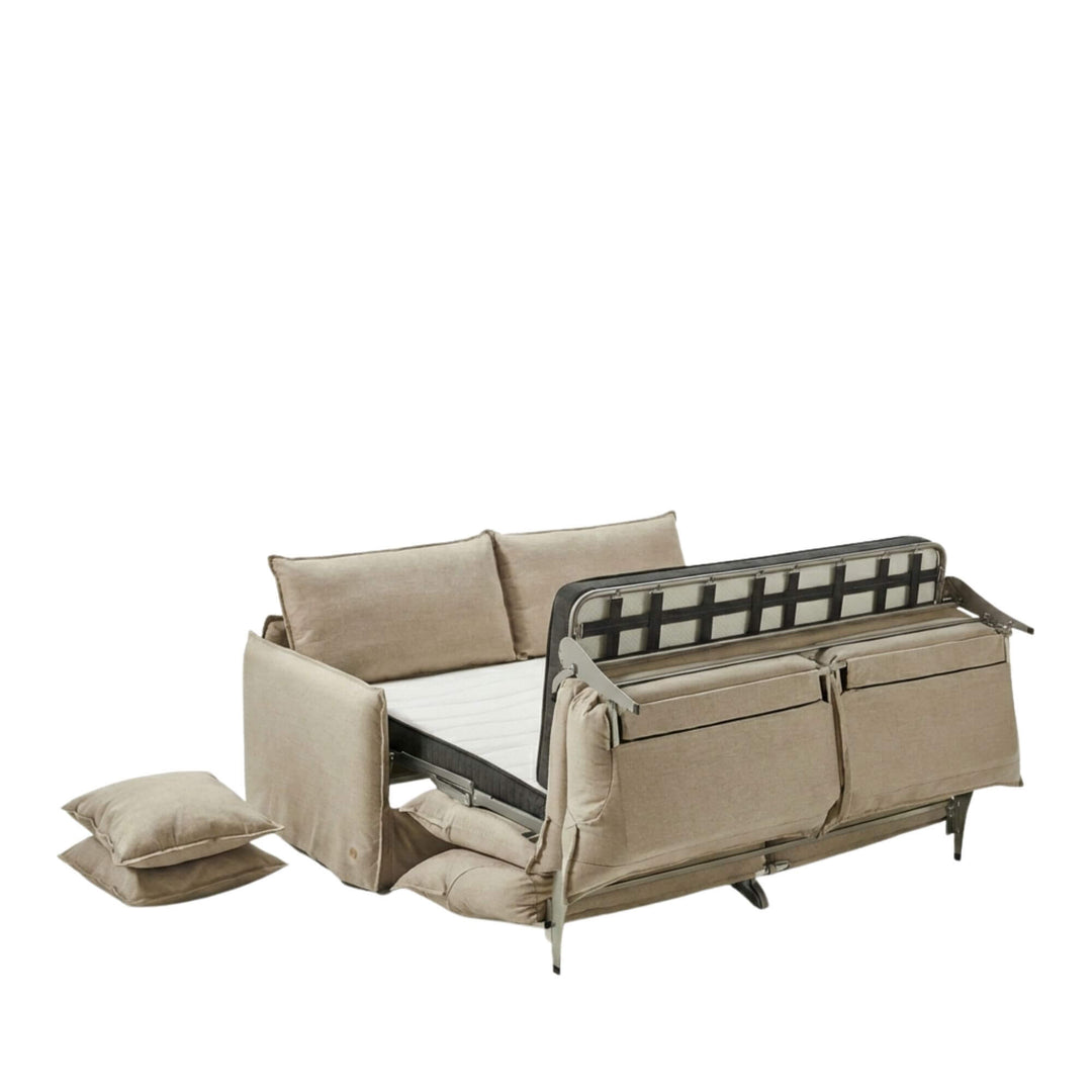 Half-open bed configuration highlighting the Italian mechanism and integrated mattress.