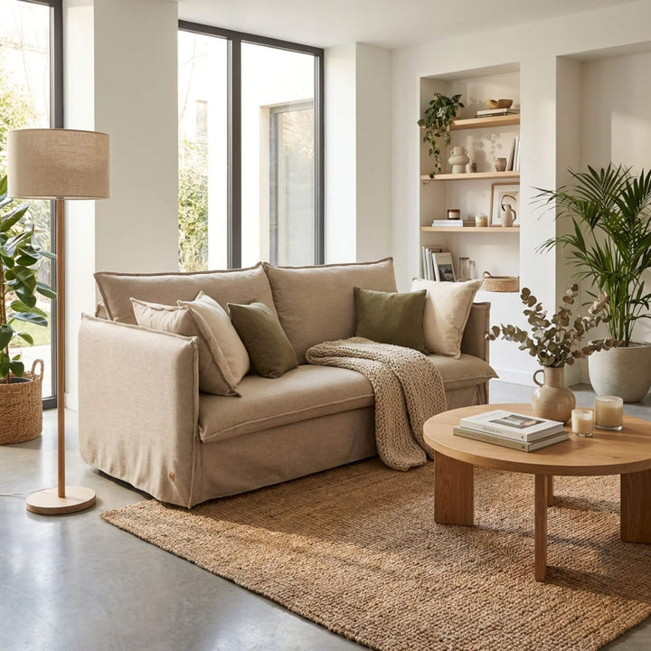Sicilia sofa bed styled in a bright living room, shown in sofa position with neutral upholstery.