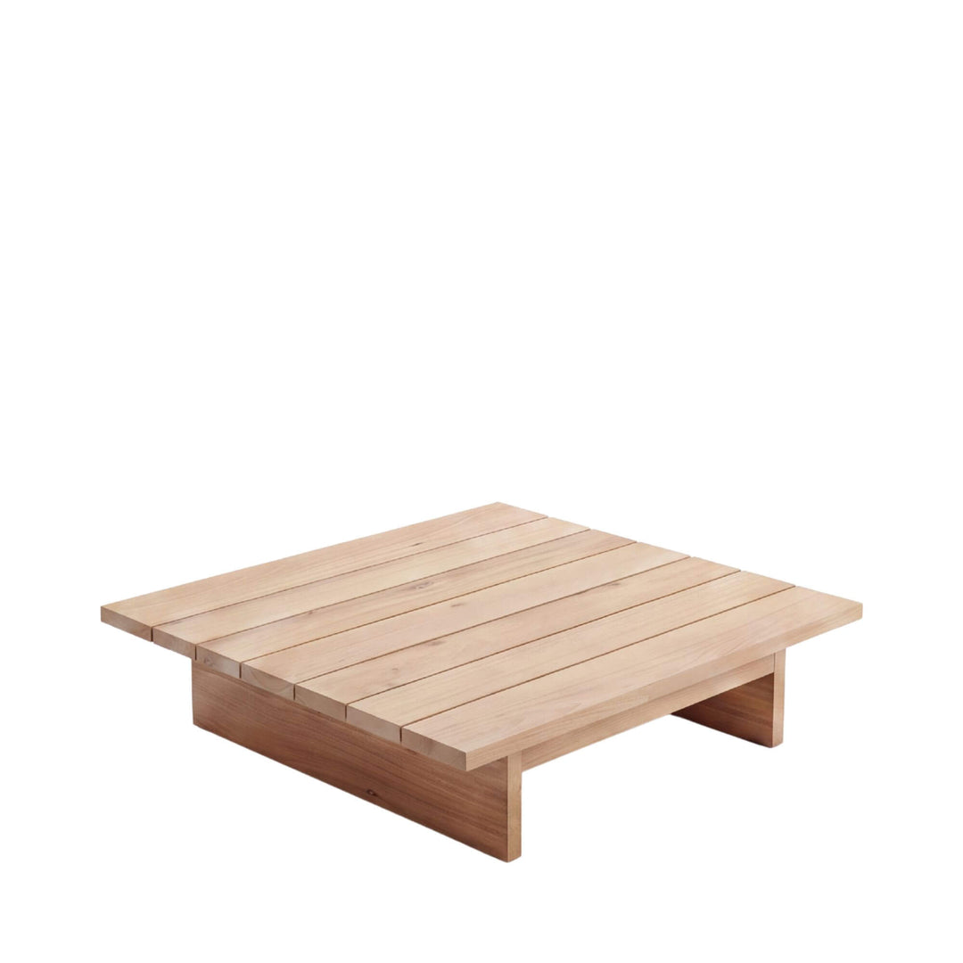 Front angled view of the Sicomoro coffee table showing its low sycamore wood frame and slatted tabletop.