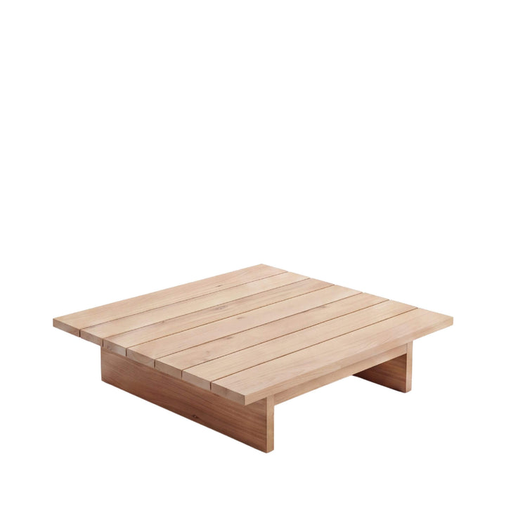 Front angled view of the Sicomoro coffee table showing its low sycamore wood frame and slatted tabletop.
