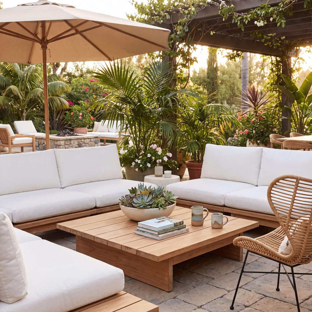 Styled outdoor lounge setting featuring the Sicomoro coffee table with matching wooden sofas on a natural terrace.