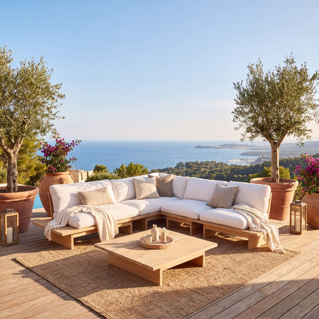 Styled terrace setting featuring the Sicomoro outdoor sofa in a warm Mediterranean space.