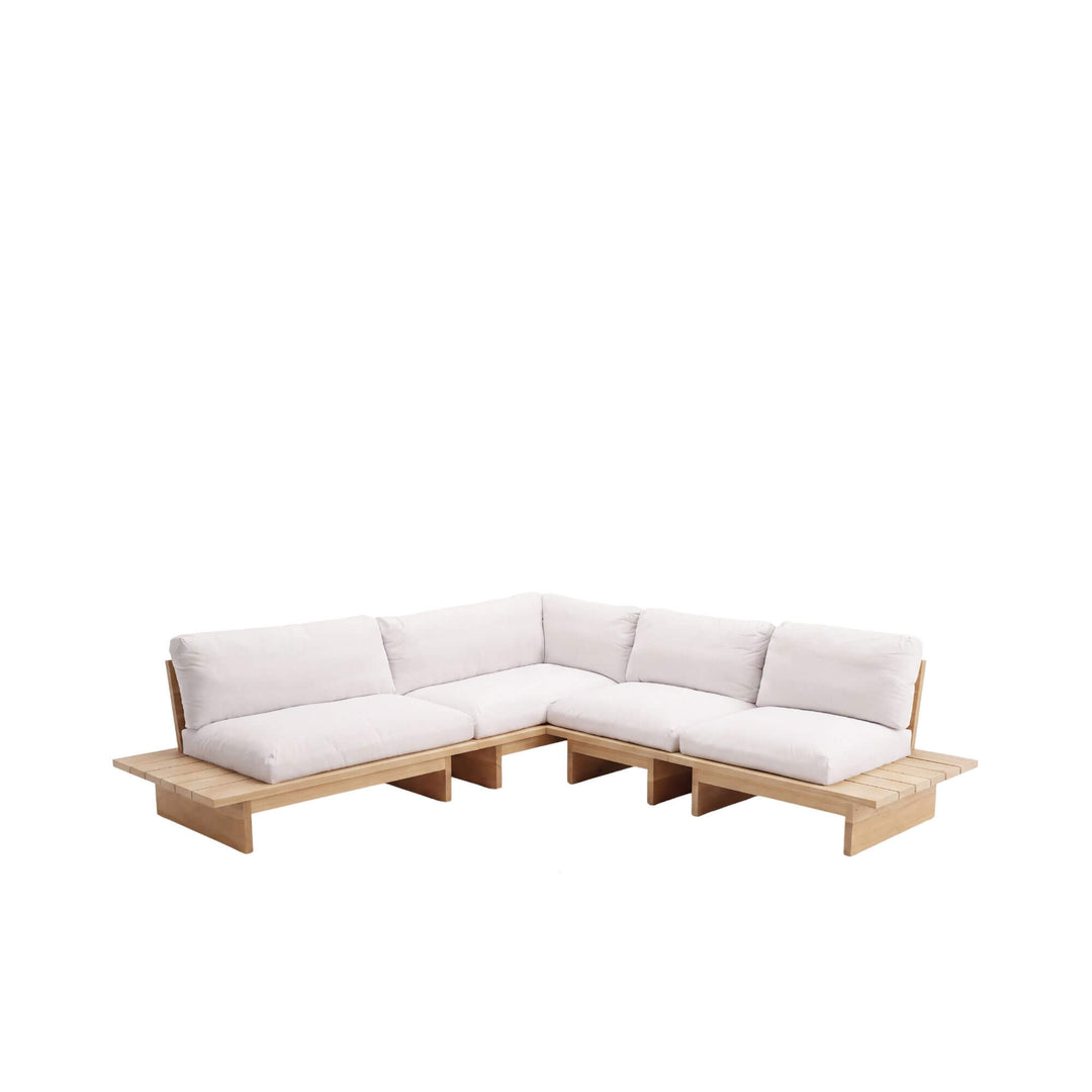 Front angled view of the corner sofa highlighting its low-profile sycamore wood frame and generous seating.