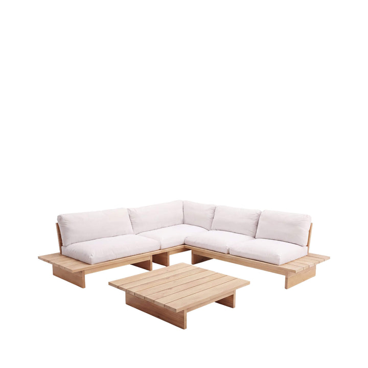 Front view of the Sicomoro outdoor sofa with a matching slatted coffee table in natural wood.