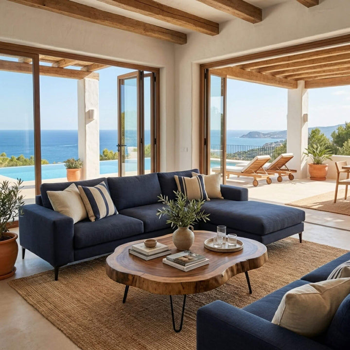 Styled living room featuring the Siena sofa in a deep blue fabric with chaise configuration overlooking a terrace.