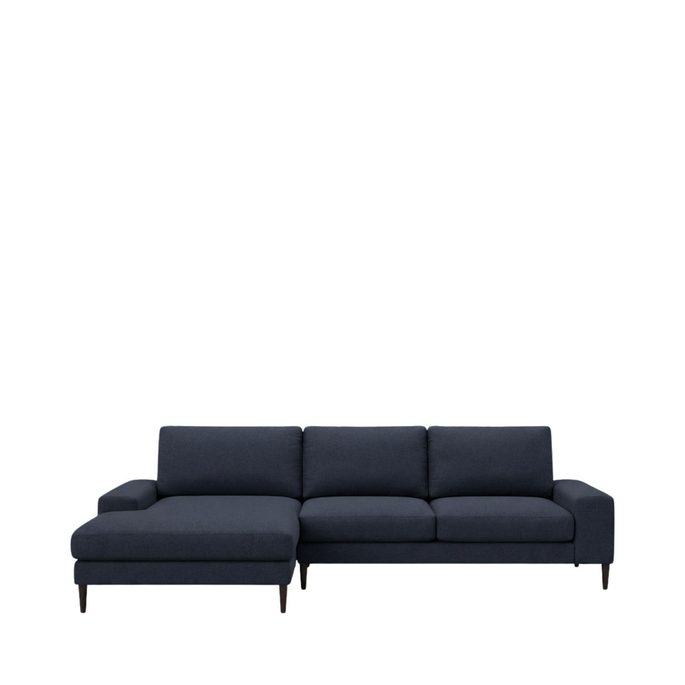 Front view of the Siena sofa in dark blue upholstery showing its clean lines and chaise layout.