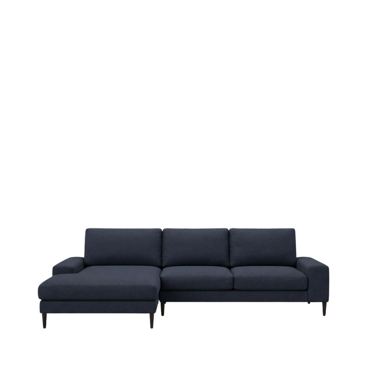 Front view of the Siena sofa in dark blue upholstery showing its clean lines and chaise layout.