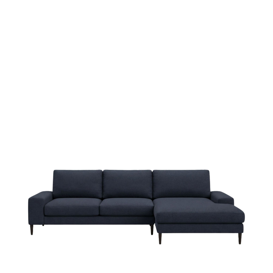 Front view of the Siena sofa in dark blue fabric with right-side chaise extension.