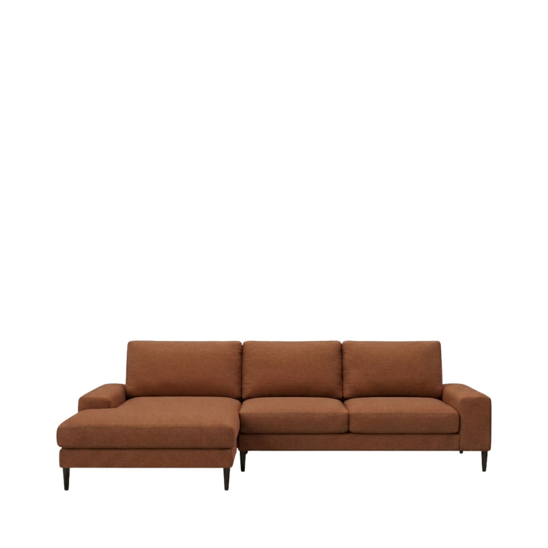 Front view of the Siena sofa in warm brown upholstery with chaise configuration.