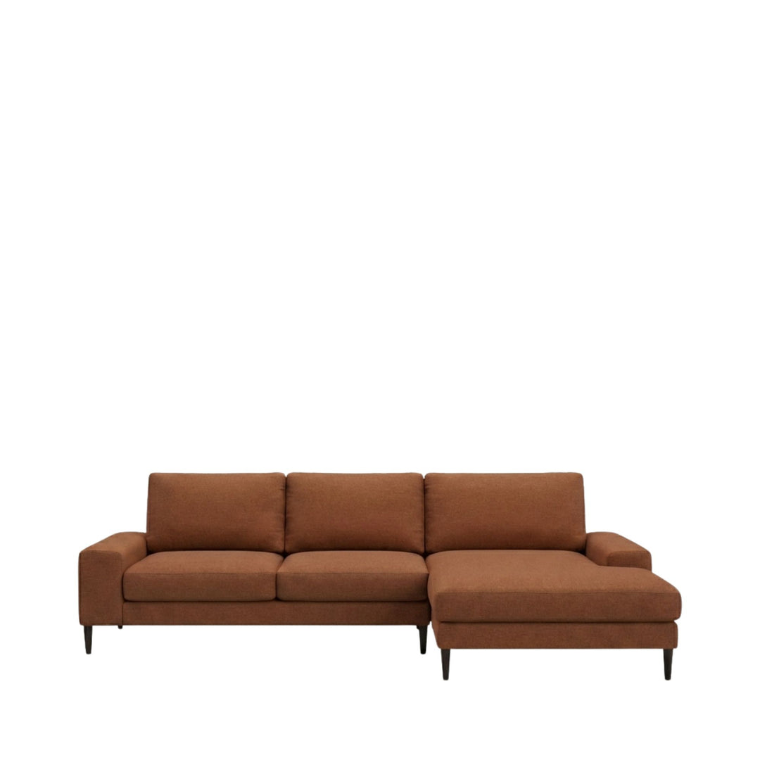 Front view of the Siena sofa in brown fabric showing its balanced proportions.