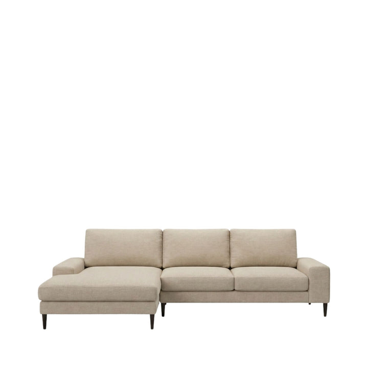 Front view of the Siena sofa in light neutral upholstery with chaise extension.