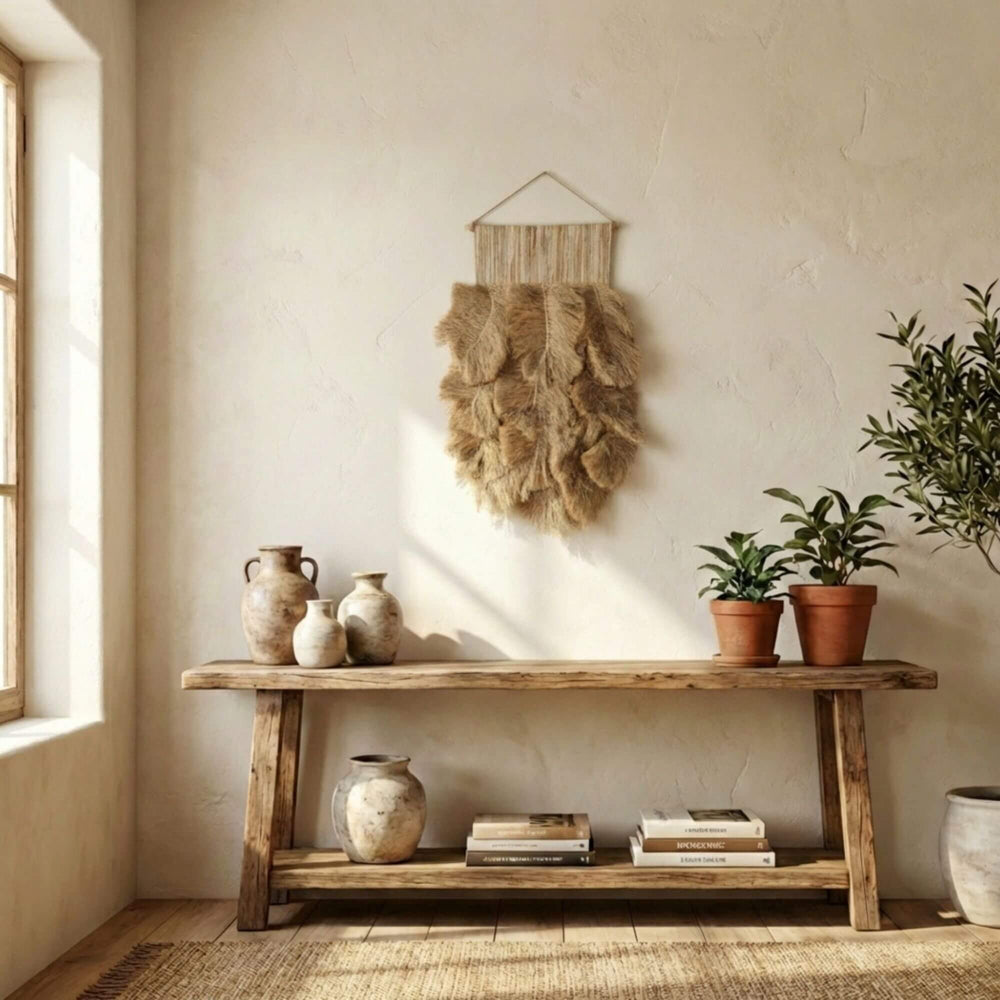 Nestled corner of a room with a wooden bench, decorative Sika wall deco, and potted plants.