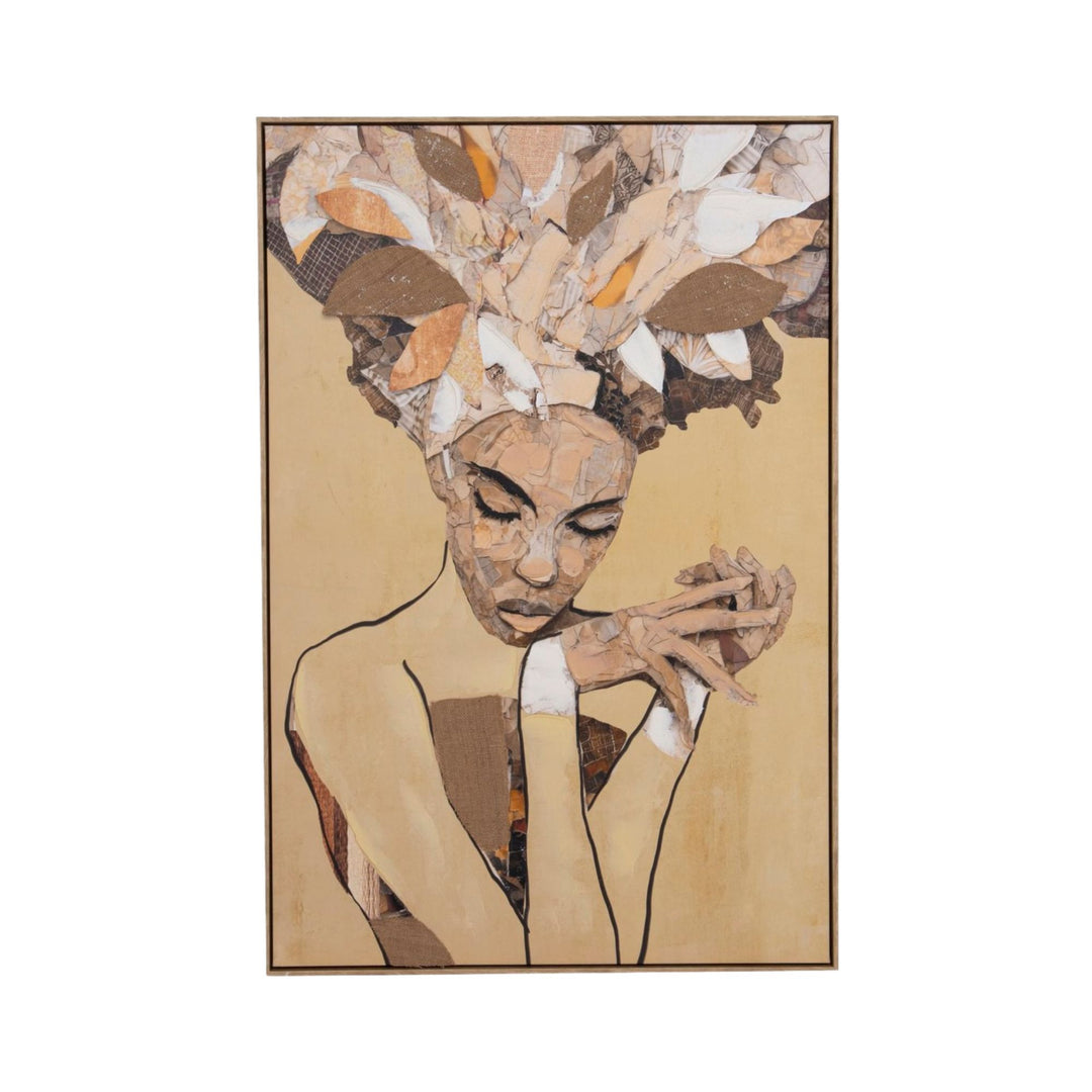 Front view of the Silent Muse painting showing its abstract feminine portrait and warm textured canvas composition.