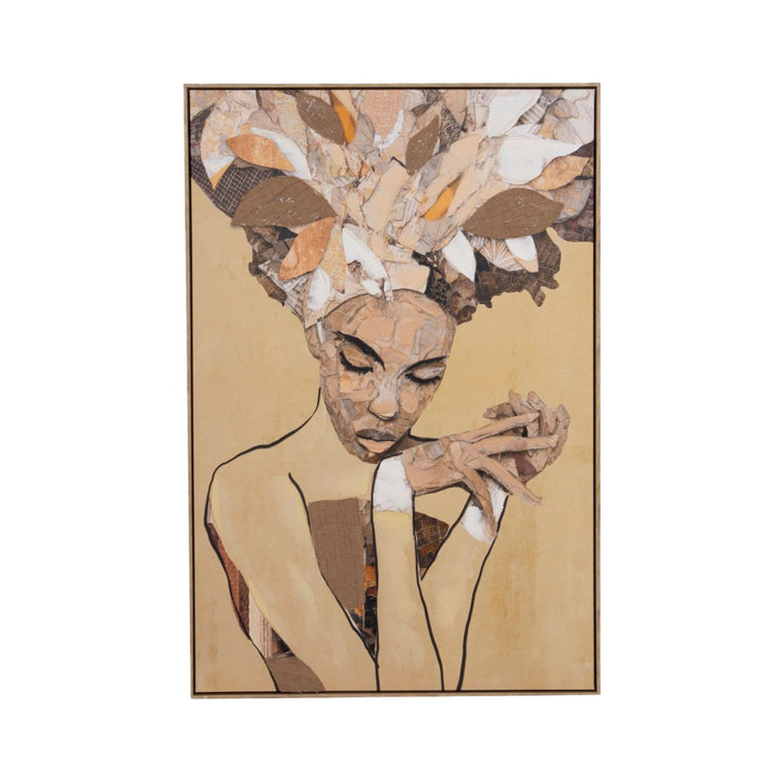 Front view of the Silent Muse painting showing its abstract feminine portrait and warm textured canvas composition.