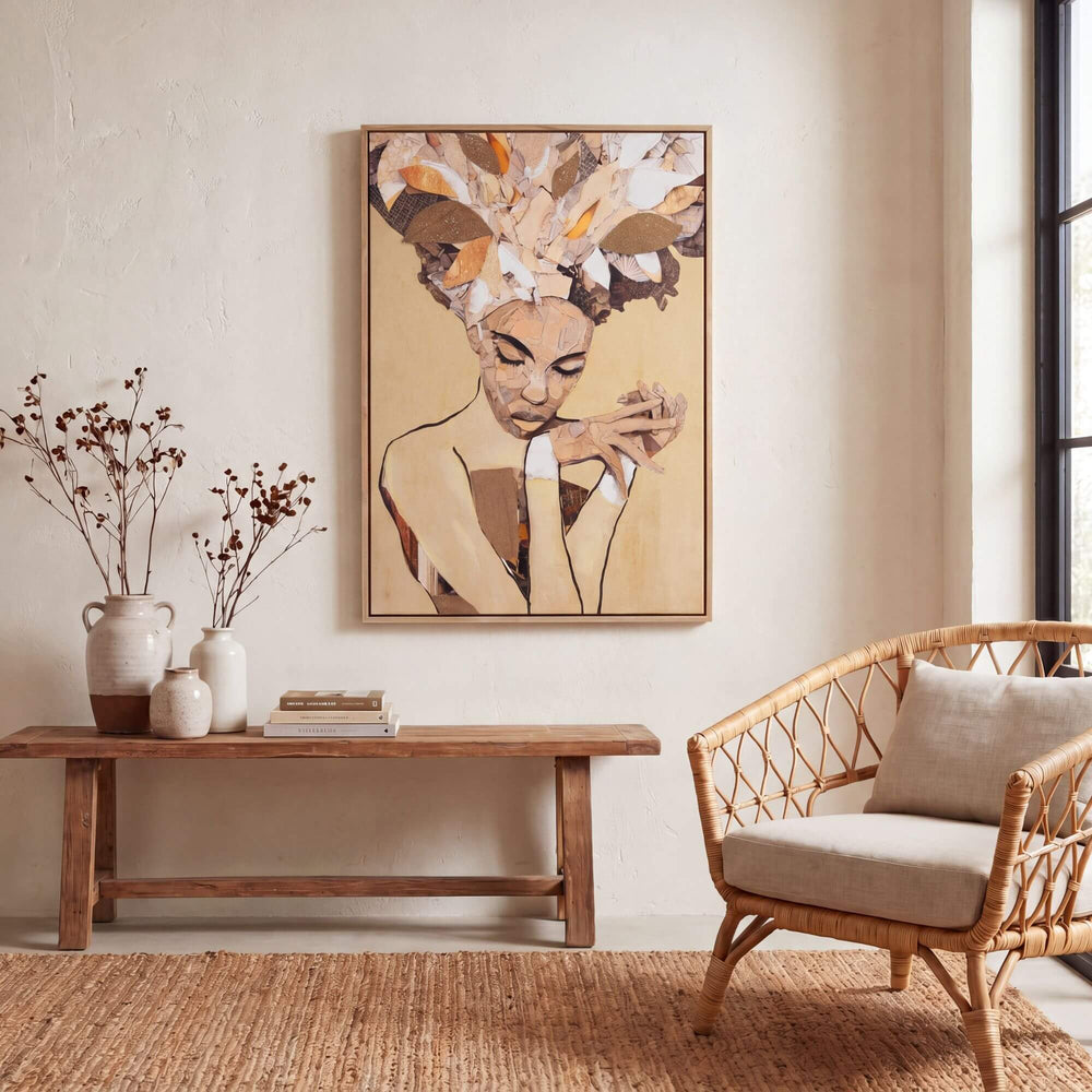 Styled interior setting featuring the Silent Muse artwork displayed above a console table in a calm natural space.